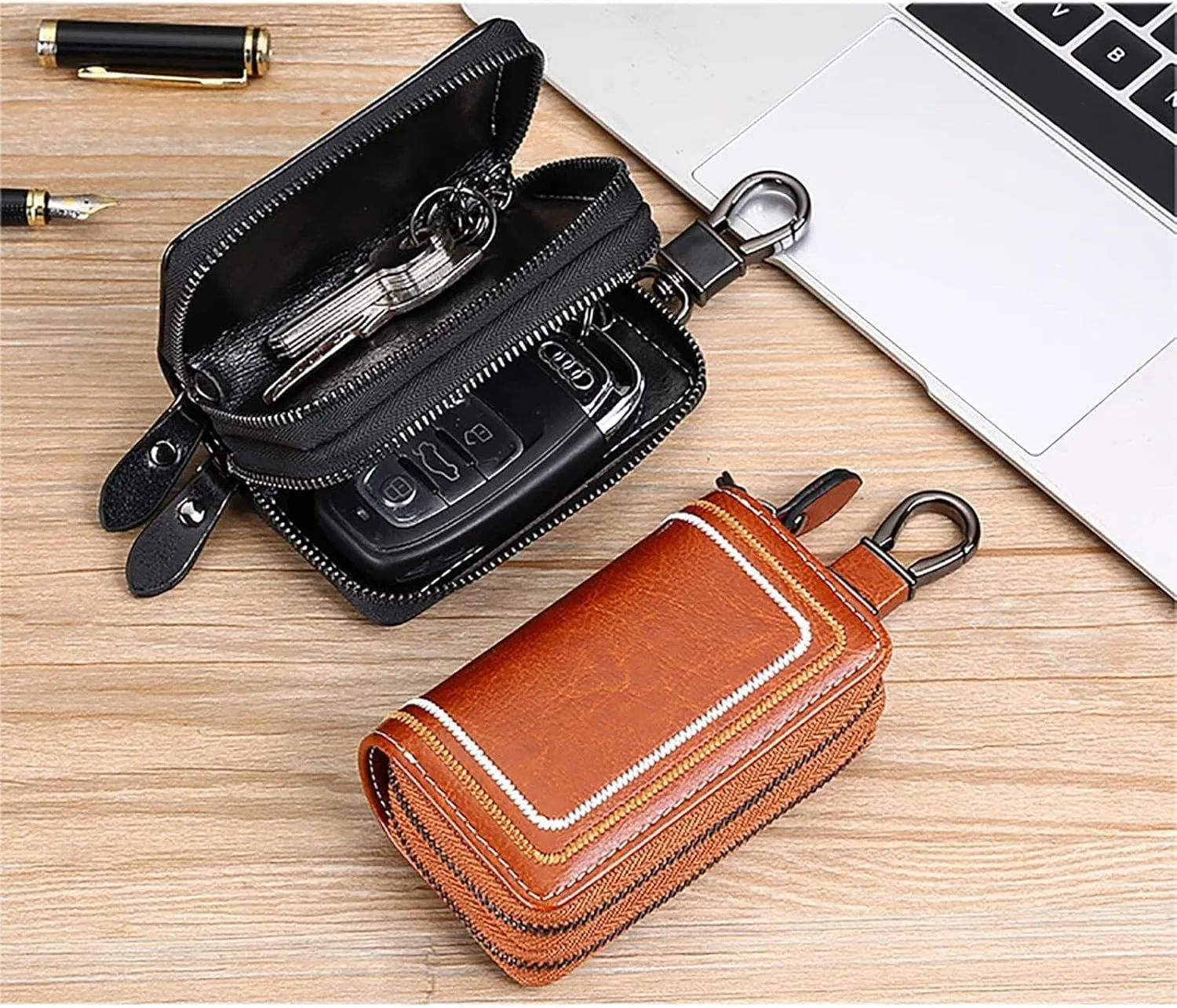 Genuine Leather Car Key Fob Case Holder for Men and Women, Double Zipper Key Case Bag, with Embroidery Thread Well made