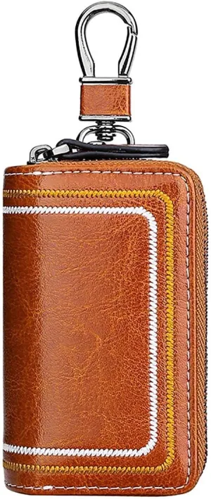 Genuine Leather Car Key Fob Case Holder for Men and Women, Double Zipper Key Case Bag, with Embroidery Thread Well made