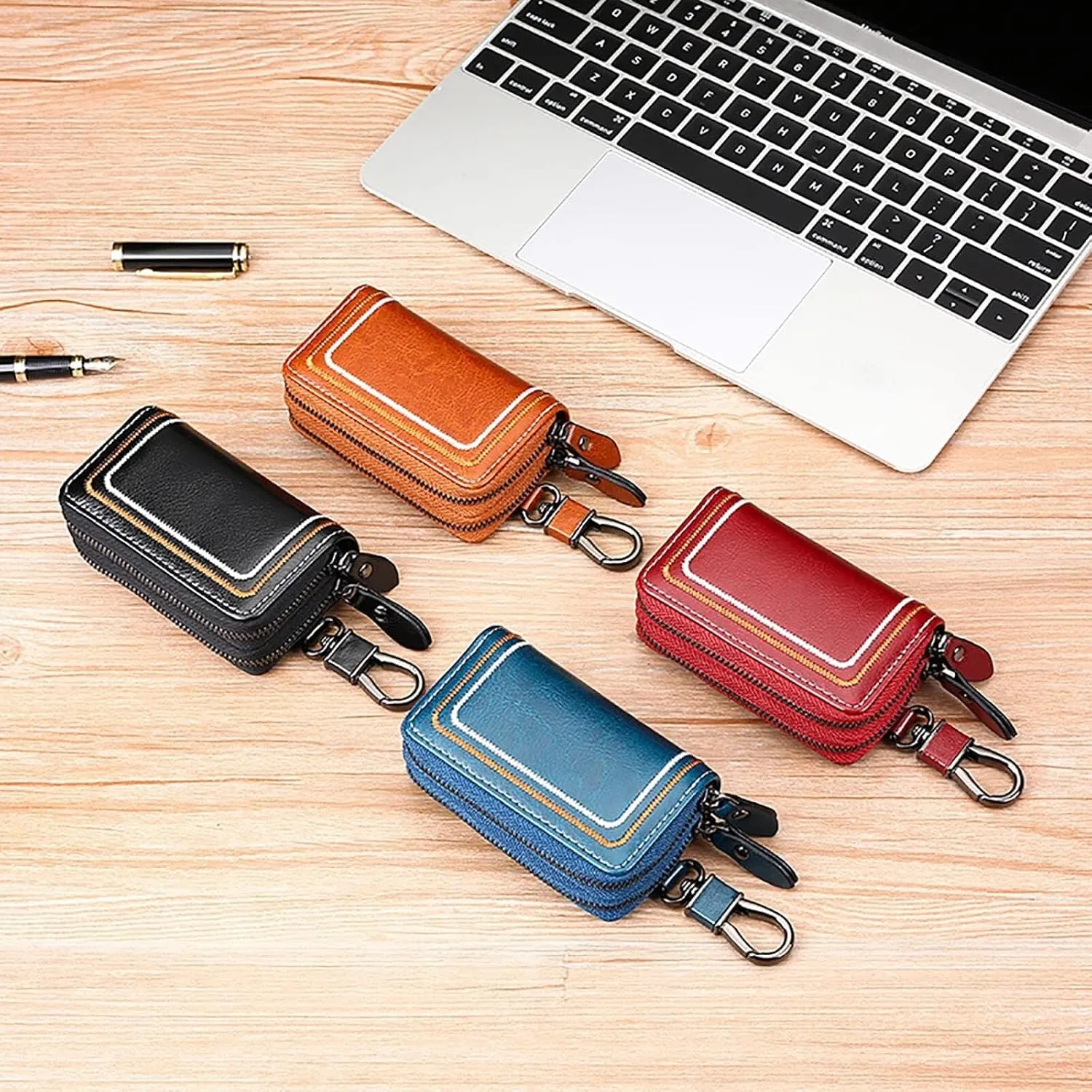 Genuine Leather Car Key Fob Case Holder for Men and Women, Double Zipper Key Case Bag, with Embroidery Thread Well made