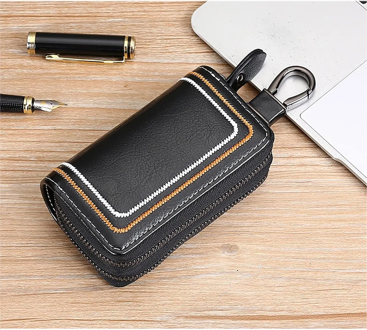 Genuine Leather Car Key Fob Case Holder for Men and Women, Double Zipper Key Case Bag, with Embroidery Thread Well made
