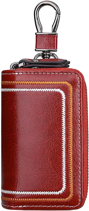 Genuine Leather Car Key Fob Case Holder for Men and Women, Double Zipper Key Case Bag, with Embroidery Thread Well made