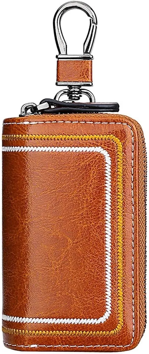 Genuine Leather Car Key Fob Case Holder for Men and Women, Double Zipper Key Case Bag, with Embroidery Thread Well made