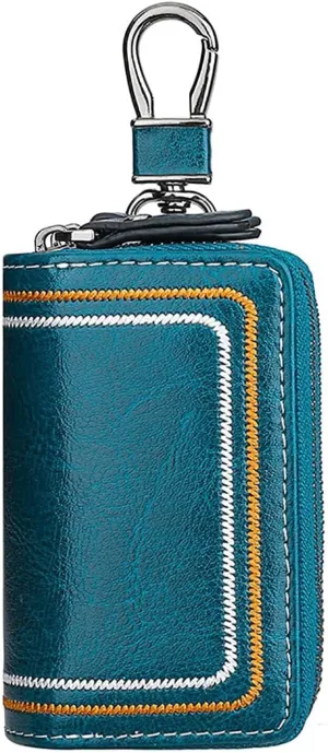 Genuine Leather Car Key Fob Case Holder for Men and Women, Double Zipper Key Case Bag, with Embroidery Thread Well made
