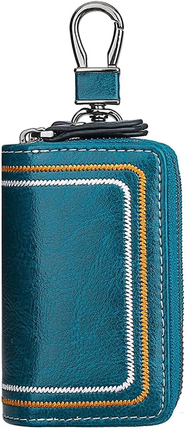 Genuine Leather Car Key Fob Case Holder for Men and Women, Double Zipper Key Case Bag, with Embroidery Thread Well made