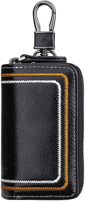 Genuine Leather Car Key Fob Case Holder for Men and Women, Double Zipper Key Case Bag, with Embroidery Thread Well made