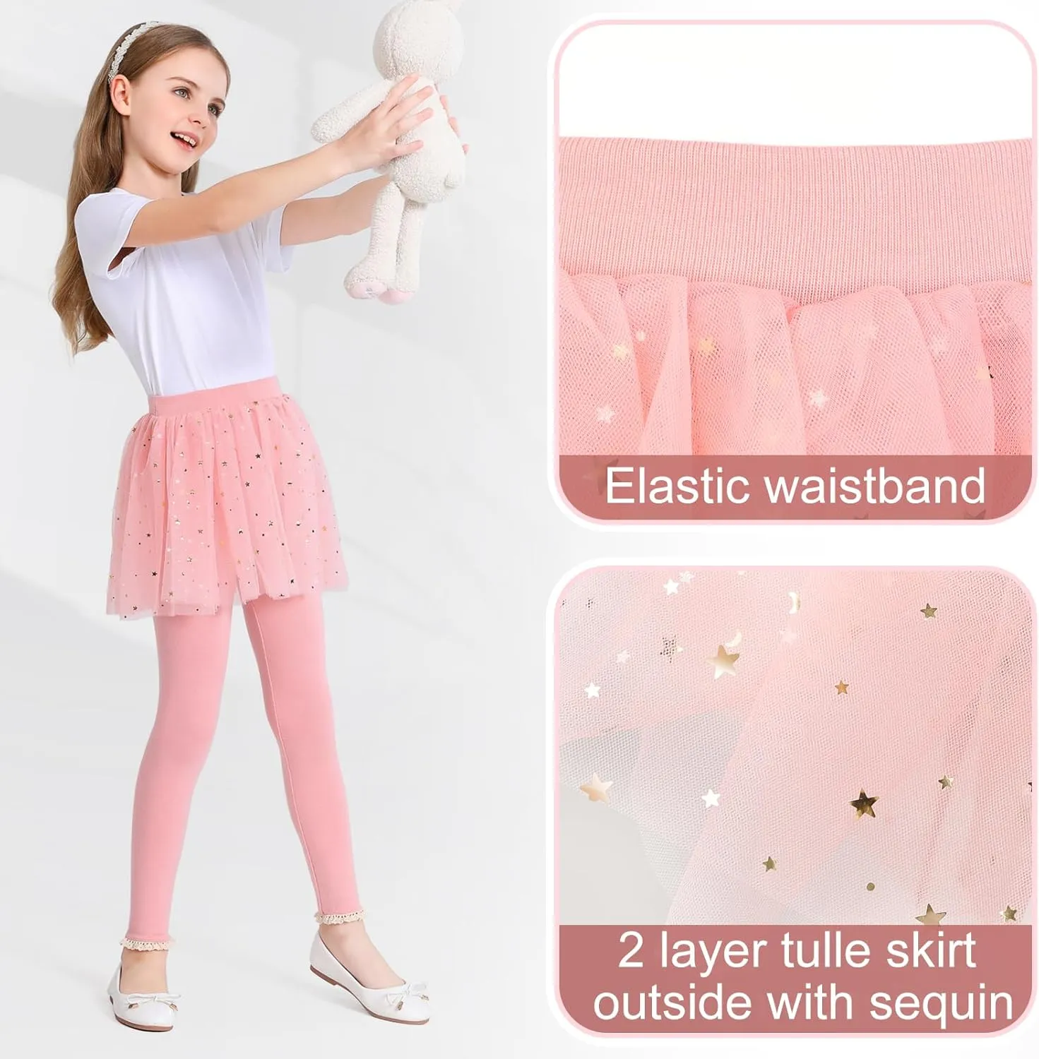 Girls Leggings with Skirt Footless Sparkly Tulle Skirt Pants for Kids Toddler Baby 1-8 Years
