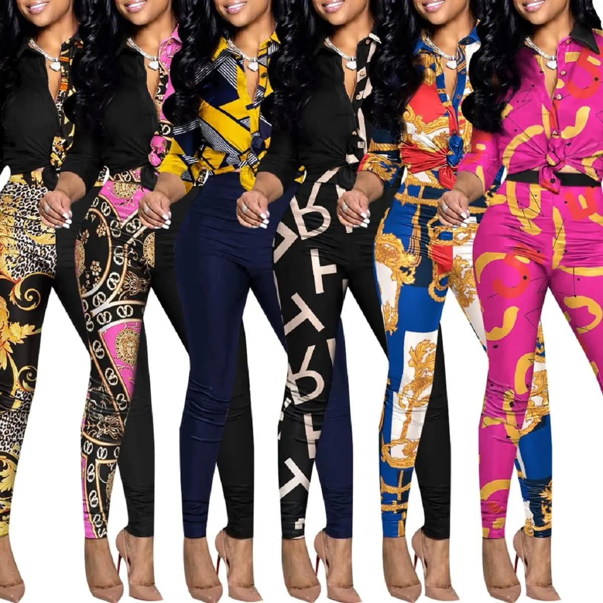 Glozeplus 2 Piece Outfits for Women Sexy Bodycon Long Sleeve Crop Tops Long Pants Sets Floral Print Tracksuits Jumpsuits
