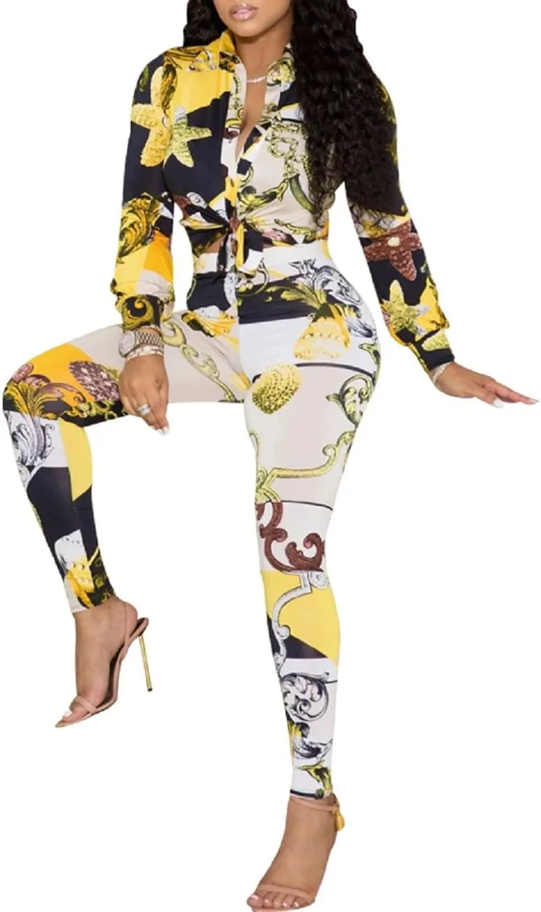 Glozeplus 2 Piece Outfits for Women Sexy Bodycon Long Sleeve Crop Tops Long Pants Sets Floral Print Tracksuits Jumpsuits