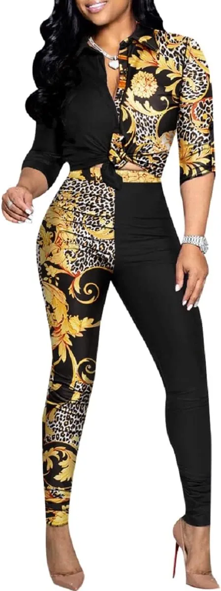 Glozeplus 2 Piece Outfits for Women Sexy Bodycon Long Sleeve Crop Tops Long Pants Sets Floral Print Tracksuits Jumpsuits