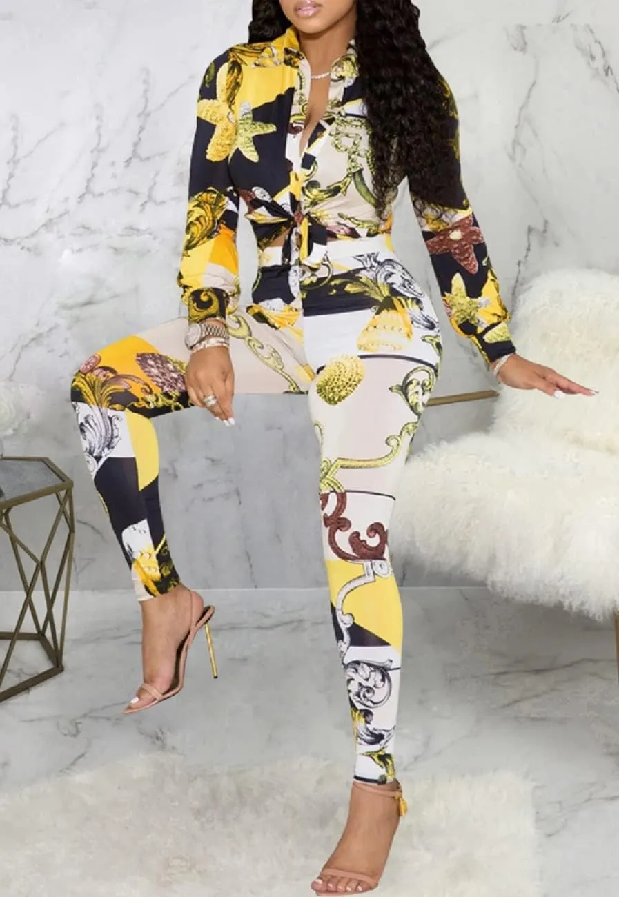 Glozeplus 2 Piece Outfits for Women Sexy Bodycon Long Sleeve Crop Tops Long Pants Sets Floral Print Tracksuits Jumpsuits