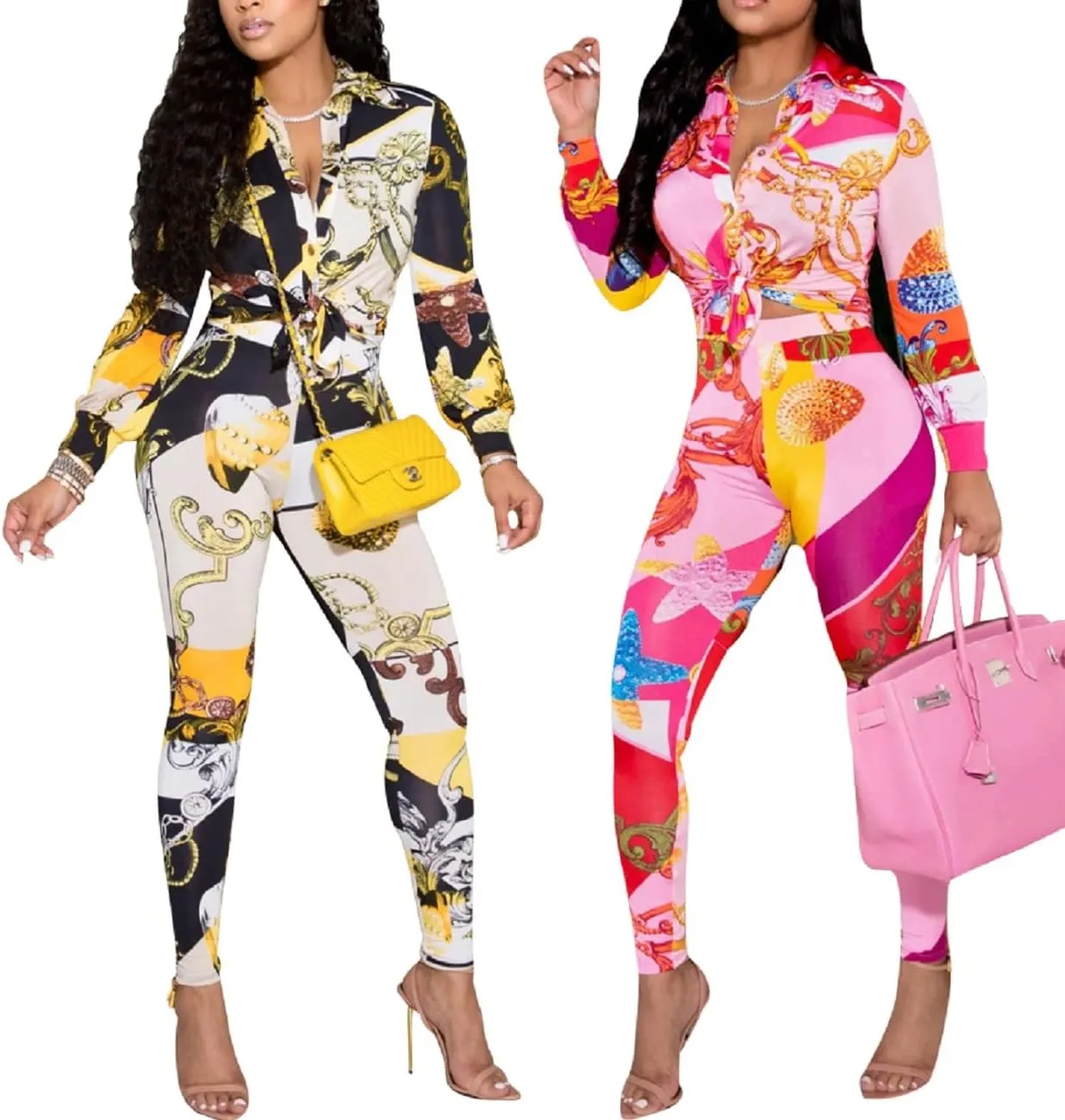 Glozeplus 2 Piece Outfits for Women Sexy Bodycon Long Sleeve Crop Tops Long Pants Sets Floral Print Tracksuits Jumpsuits