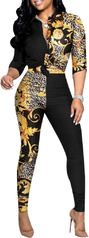 Glozeplus 2 Piece Outfits for Women Sexy Bodycon Long Sleeve Crop Tops Long Pants Sets Floral Print Tracksuits Jumpsuits