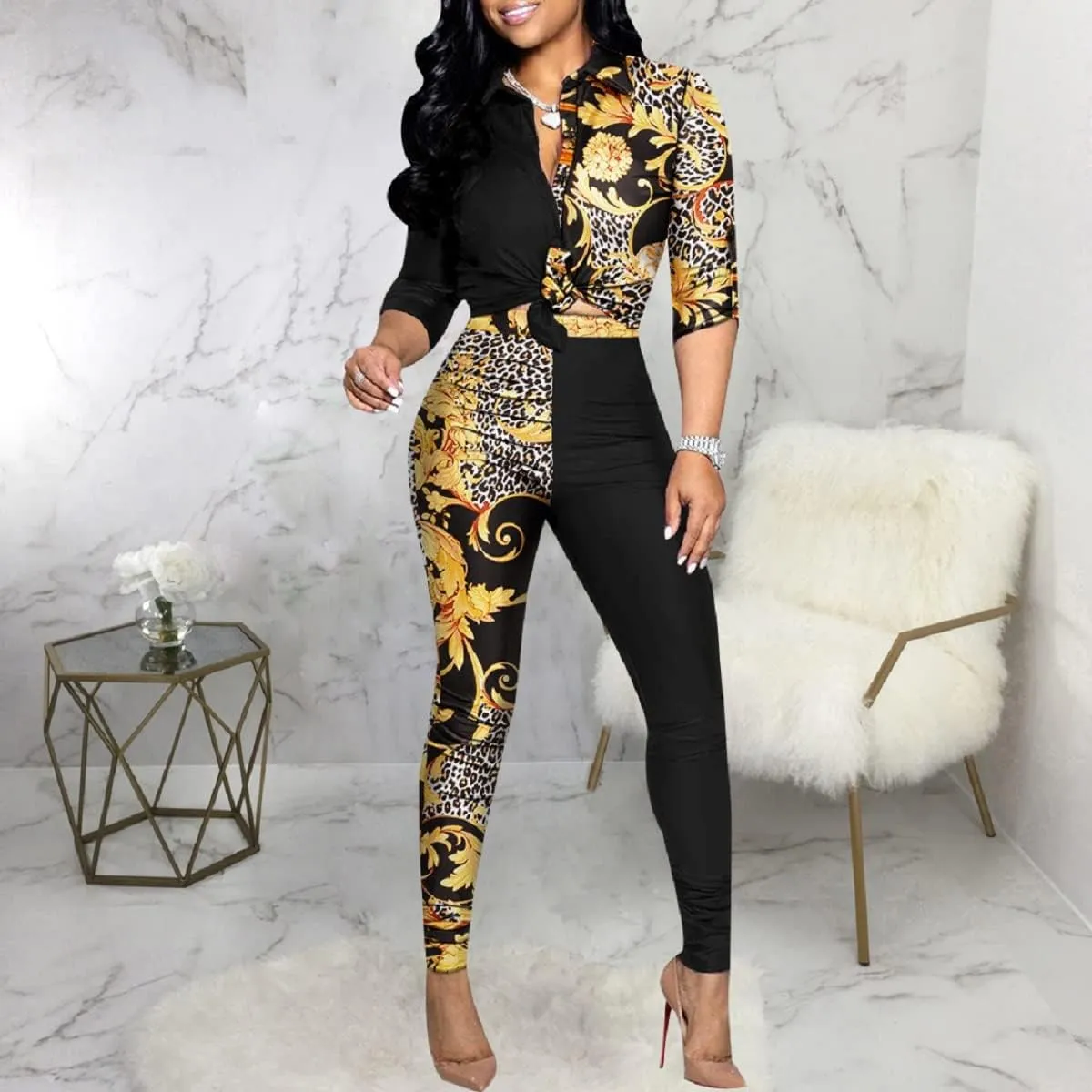 Glozeplus 2 Piece Outfits for Women Sexy Bodycon Long Sleeve Crop Tops Long Pants Sets Floral Print Tracksuits Jumpsuits