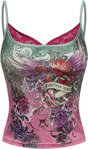 GORGLITTER Women's Floral Graphic Camisole Lace Trim Spaghetti Strap Y2K Double Lined Tank Tops