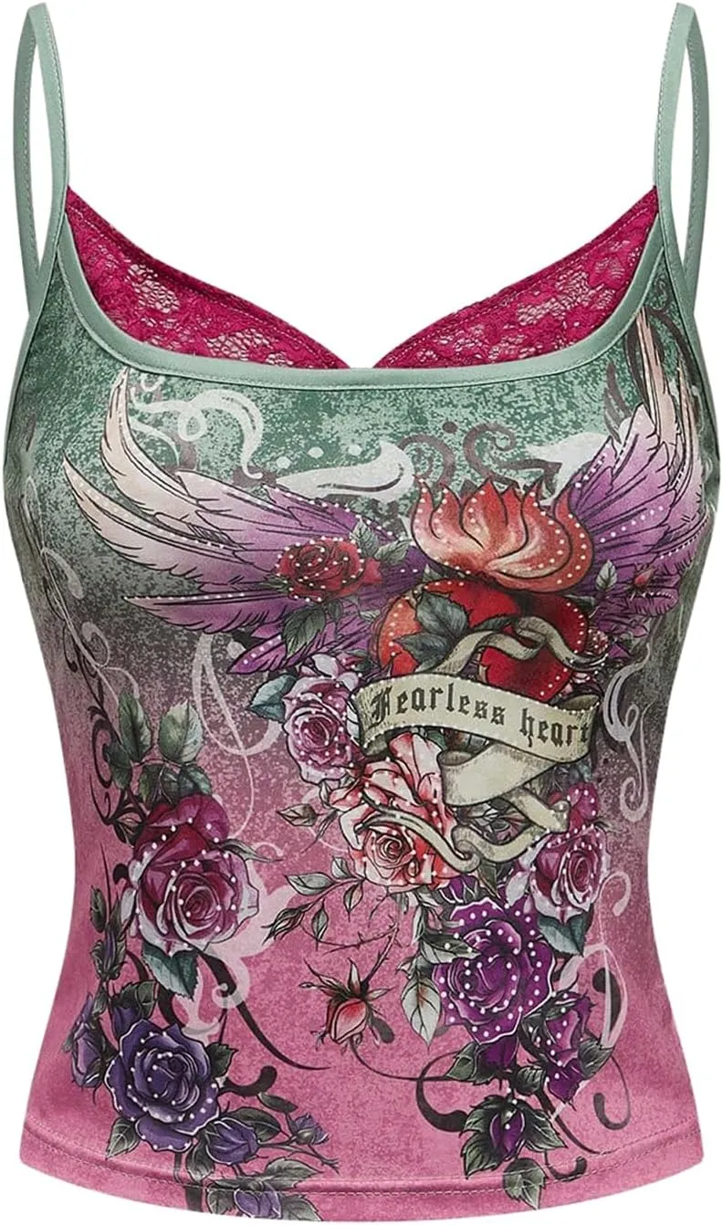 GORGLITTER Women's Floral Graphic Camisole Lace Trim Spaghetti Strap Y2K Double Lined Tank Tops