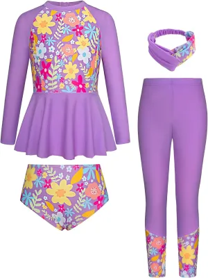 GRACE KARIN Girls Long Sleeve Swimsuit Mermaid Bathing Suit Rash Guard Swimwear 4 Piece Size 5-12