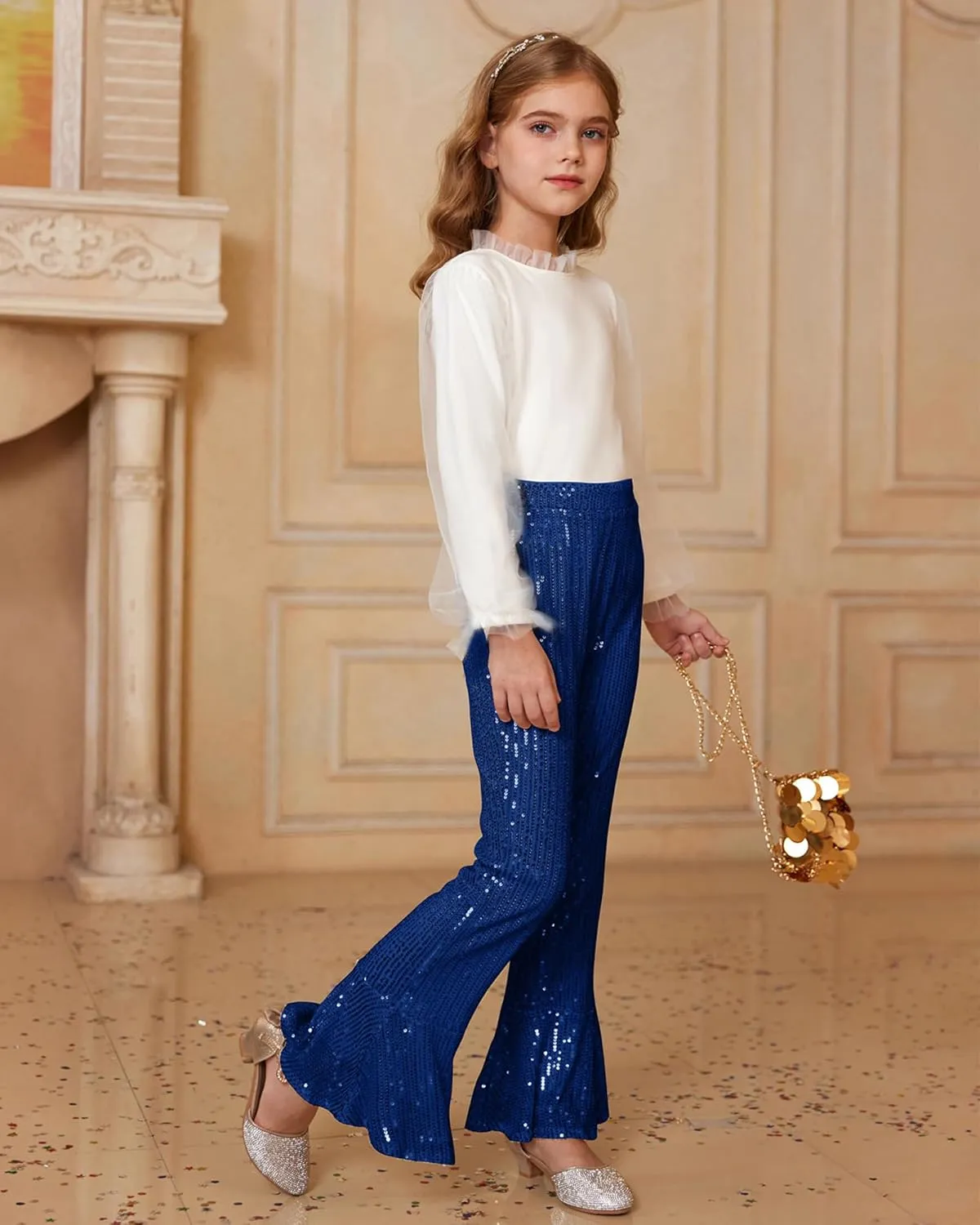 GRACE KARIN Girls Sequin Pants Sparke Trouser Glitter Dance Bell Bottoms 5-14