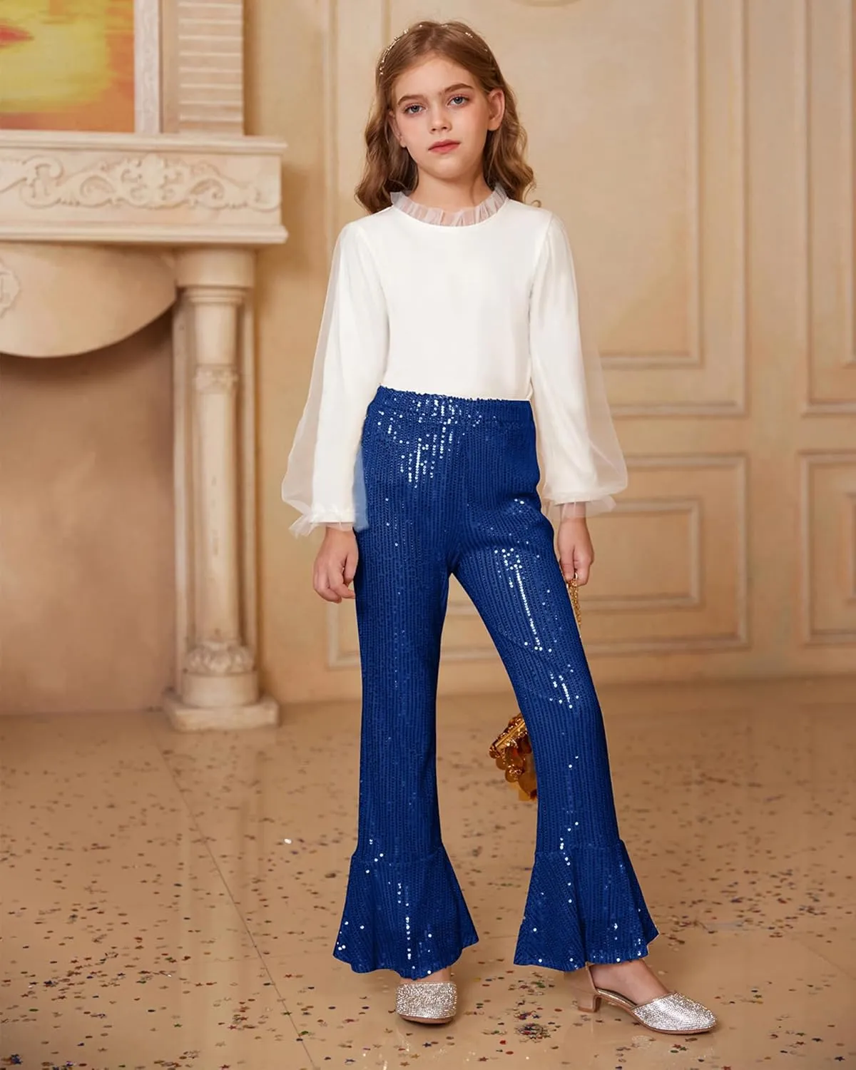 GRACE KARIN Girls Sequin Pants Sparke Trouser Glitter Dance Bell Bottoms 5-14