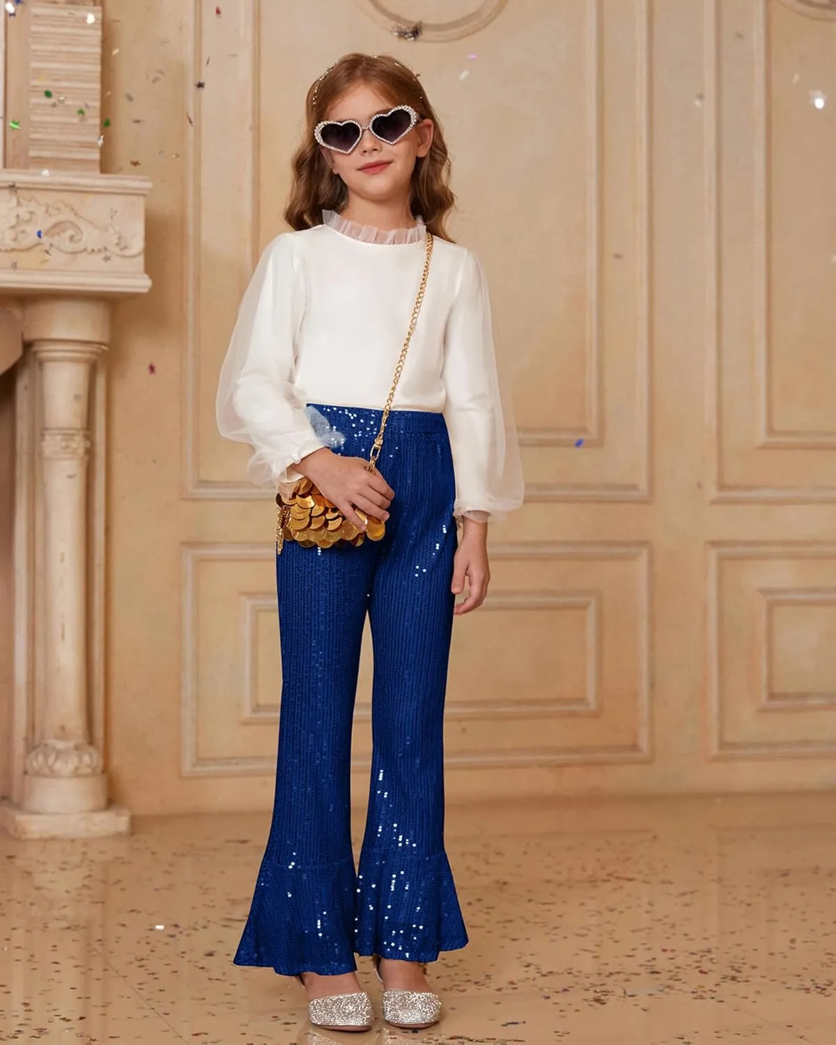 GRACE KARIN Girls Sequin Pants Sparke Trouser Glitter Dance Bell Bottoms 5-14