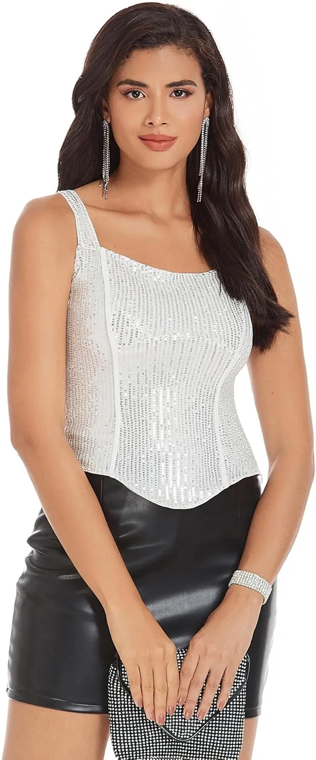 GRACE KARIN Sequin Tank Tops for Women Bustier Corset Top Sparkle Sexy Slim Camisole Sleeveless Party