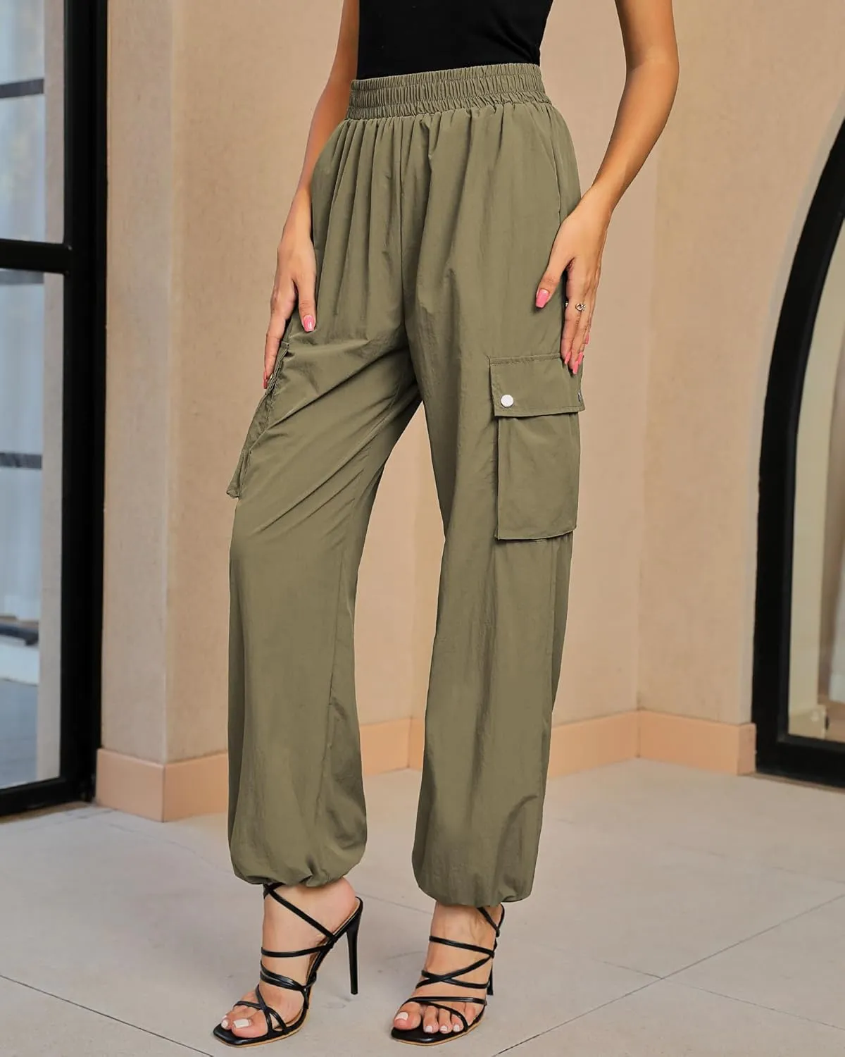 GRAPENT Womens Cargo Pants High Waisted Baggy Parachute Pants Elastic Waist Adjustable Drawstring Nylon Y2K Trousers