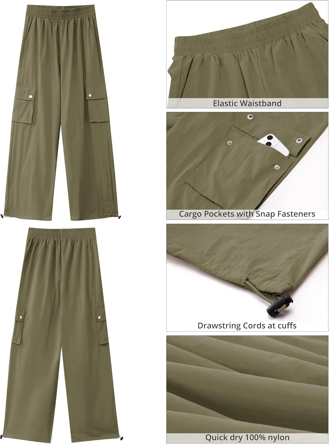 GRAPENT Womens Cargo Pants High Waisted Baggy Parachute Pants Elastic Waist Adjustable Drawstring Nylon Y2K Trousers