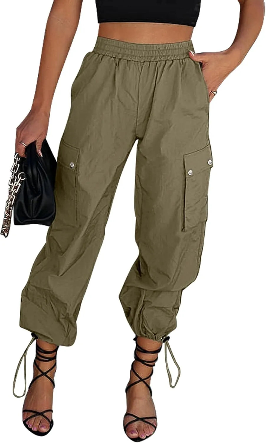 GRAPENT Womens Cargo Pants High Waisted Baggy Parachute Pants Elastic Waist Adjustable Drawstring Nylon Y2K Trousers