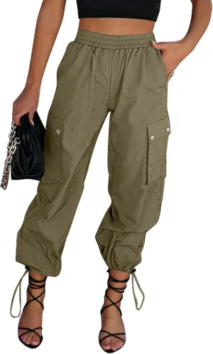 GRAPENT Womens Cargo Pants High Waisted Baggy Parachute Pants Elastic Waist Adjustable Drawstring Nylon Y2K Trousers