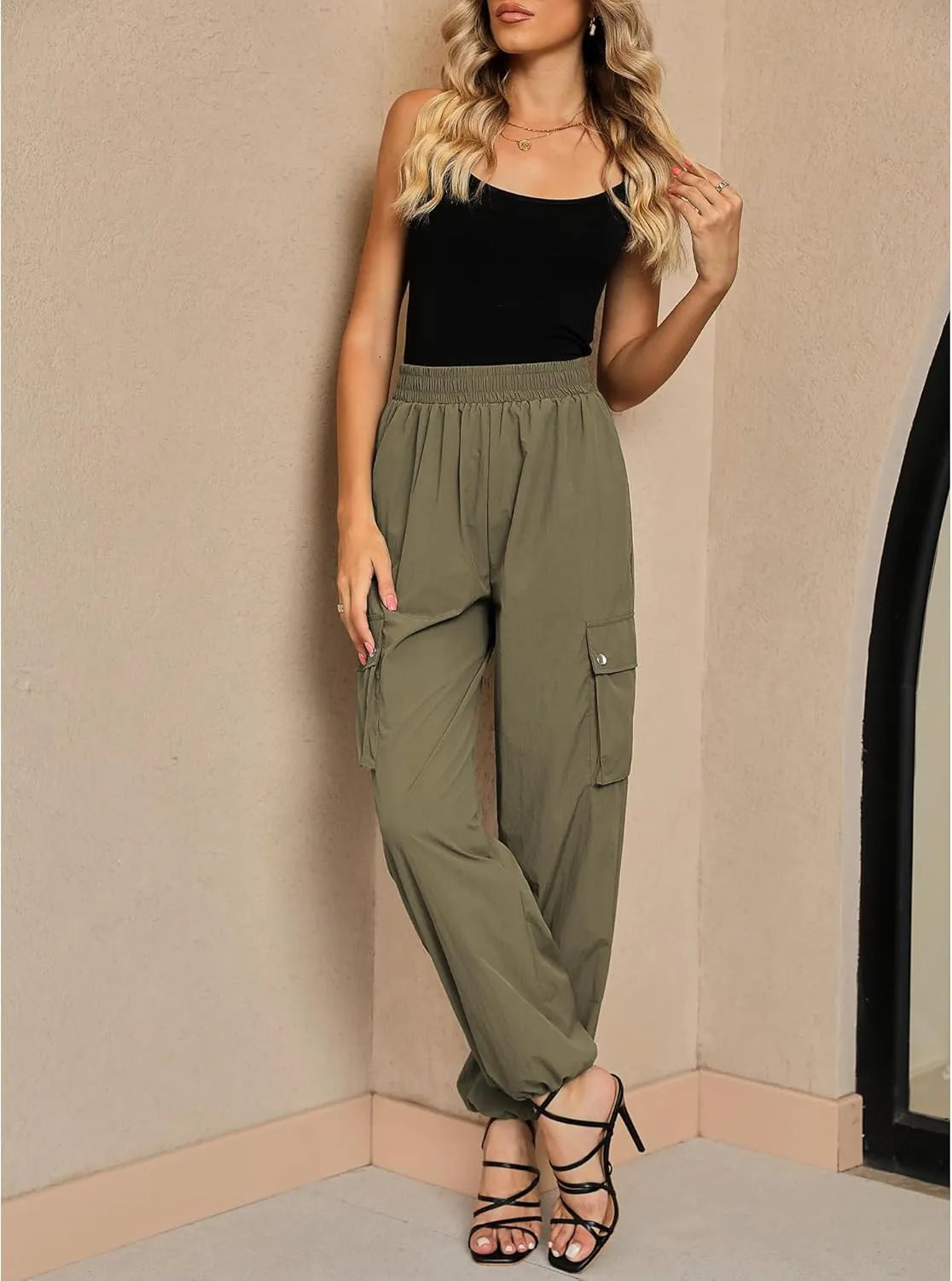 GRAPENT Womens Cargo Pants High Waisted Baggy Parachute Pants Elastic Waist Adjustable Drawstring Nylon Y2K Trousers