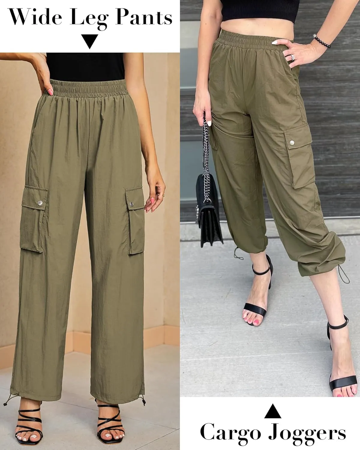 GRAPENT Womens Cargo Pants High Waisted Baggy Parachute Pants Elastic Waist Adjustable Drawstring Nylon Y2K Trousers