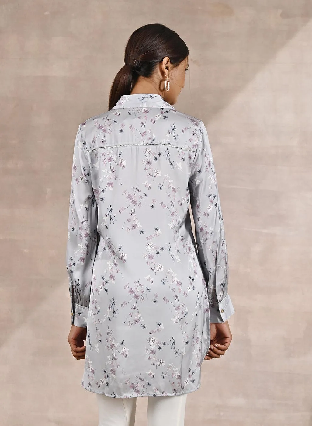 Grey Satin Shirt with Floral Print & Round Hem