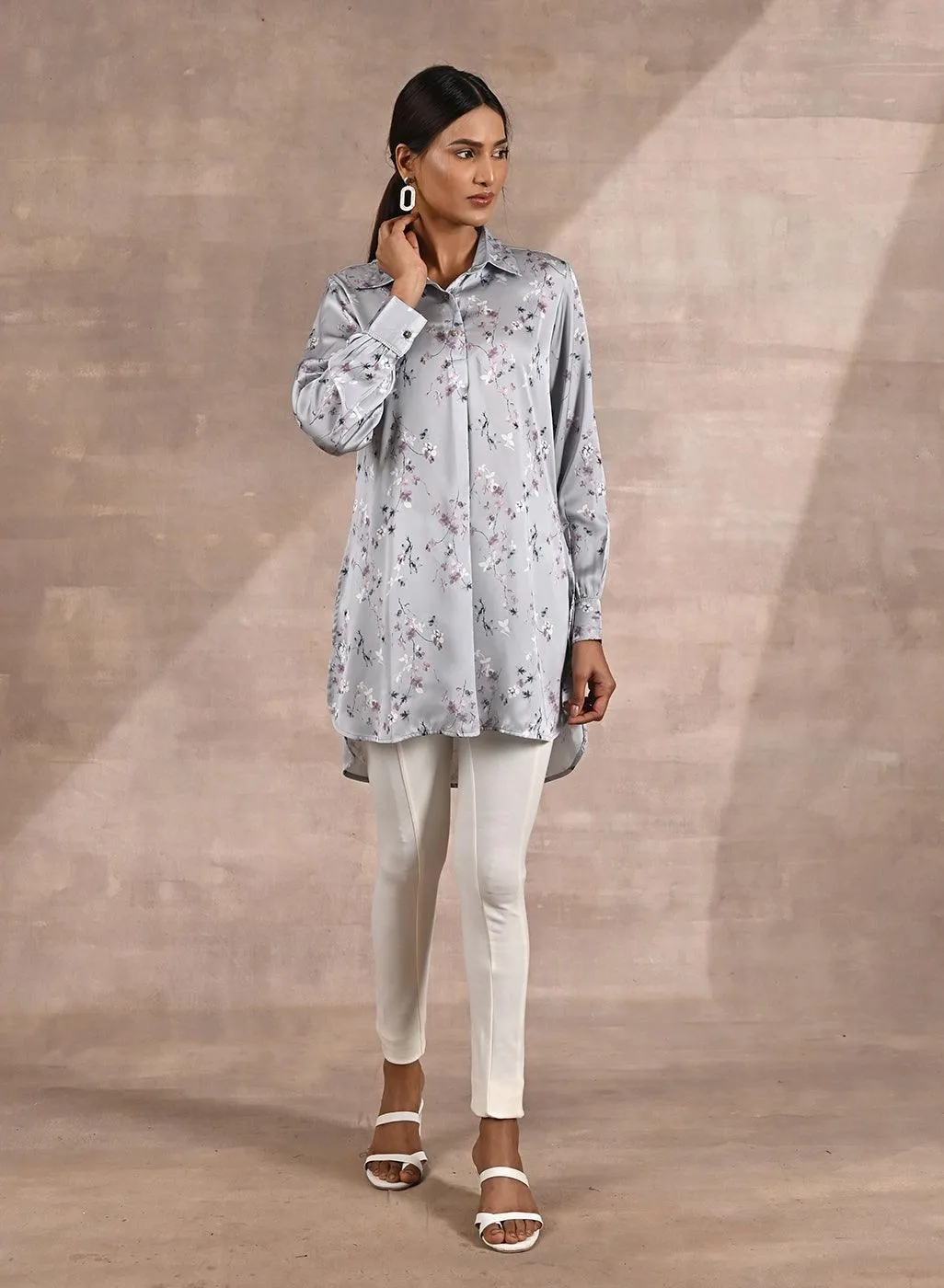 Grey Satin Shirt with Floral Print & Round Hem