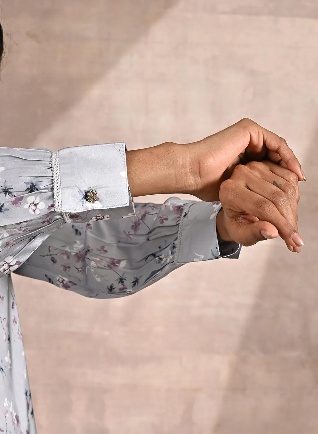 Grey Satin Shirt with Floral Print & Round Hem