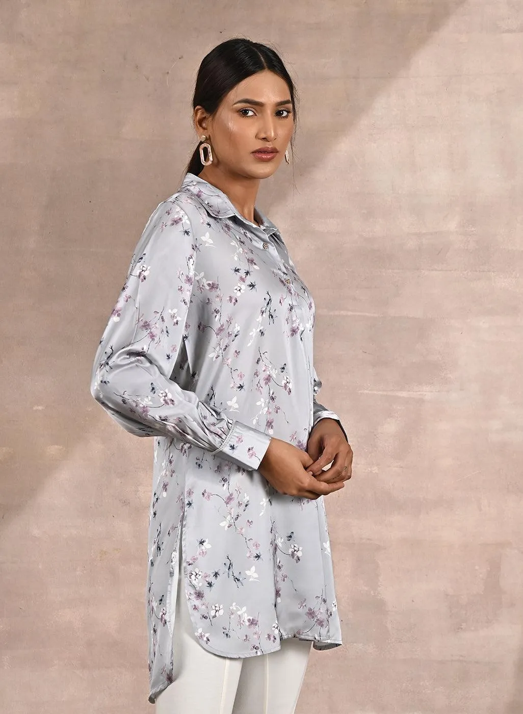 Grey Satin Shirt with Floral Print & Round Hem