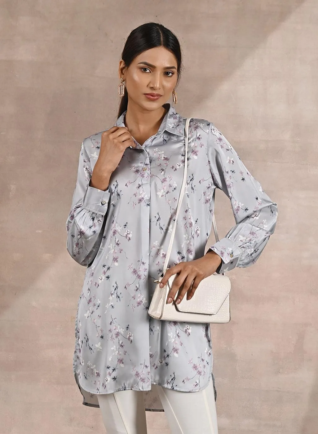 Grey Satin Shirt with Floral Print & Round Hem