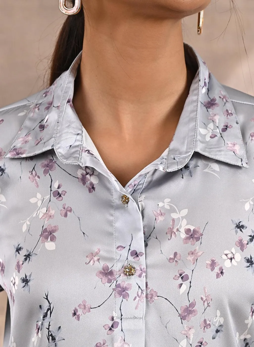 Grey Satin Shirt with Floral Print & Round Hem
