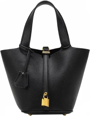 Handbag for Women Leather Vegetable Basket with Lock Bucket Bag Solid Color Tote Bag Fashion Genuine Leather Well made