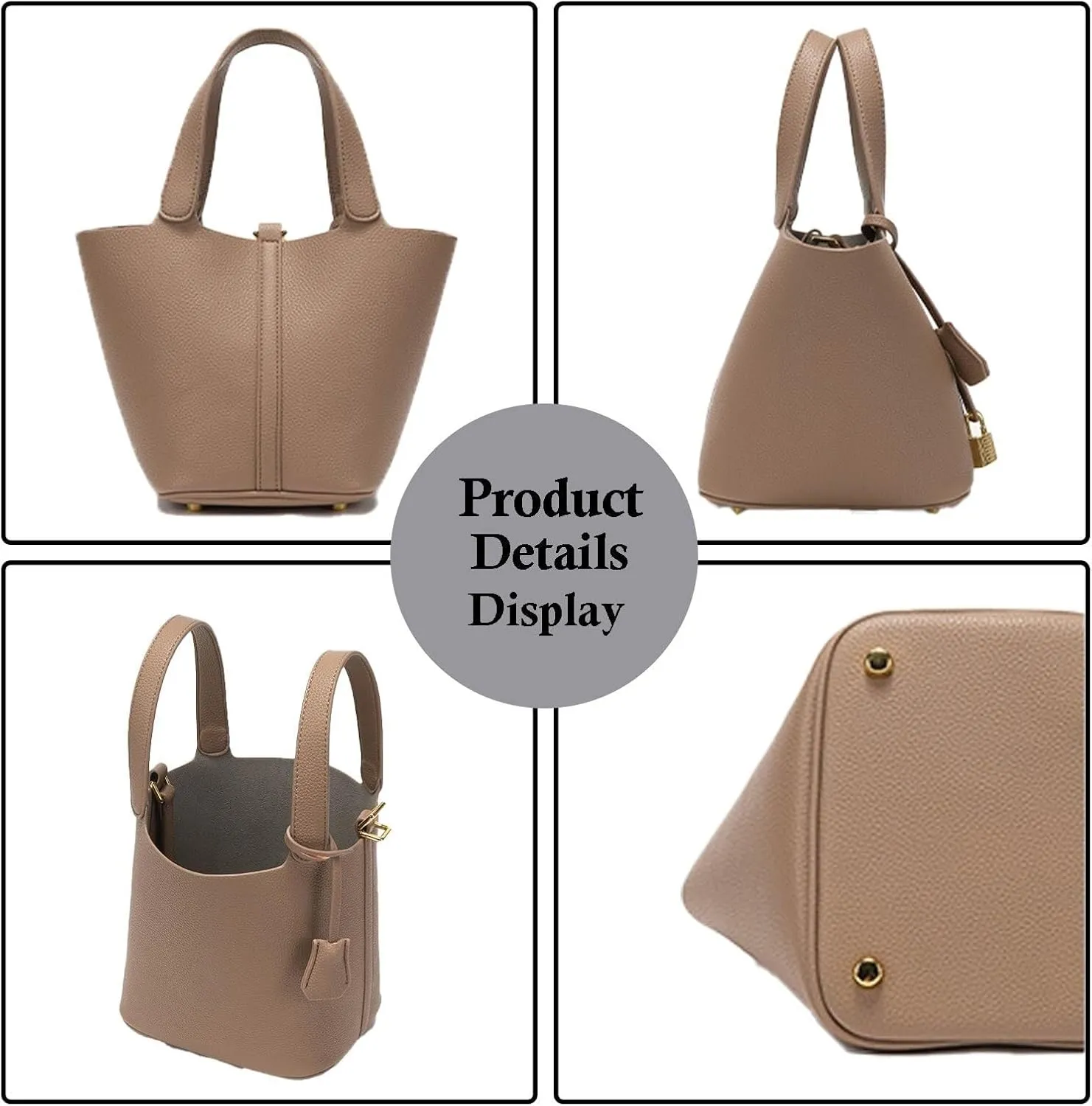 Handbag for Women Leather Vegetable Basket with Lock Bucket Bag Solid Color Tote Bag Fashion Genuine Leather Well made