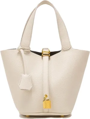 Handbag for Women Leather Vegetable Basket with Lock Bucket Bag Solid Color Tote Bag Fashion Genuine Leather Well made
