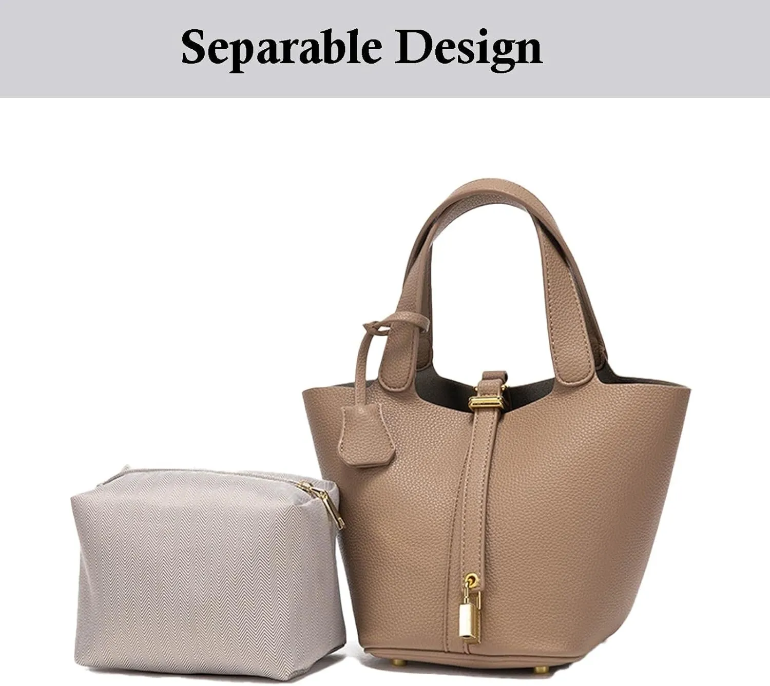 Handbag for Women Leather Vegetable Basket with Lock Bucket Bag Solid Color Tote Bag Fashion Genuine Leather Well made