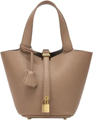Handbag for Women Leather Vegetable Basket with Lock Bucket Bag Solid Color Tote Bag Fashion Genuine Leather Well made