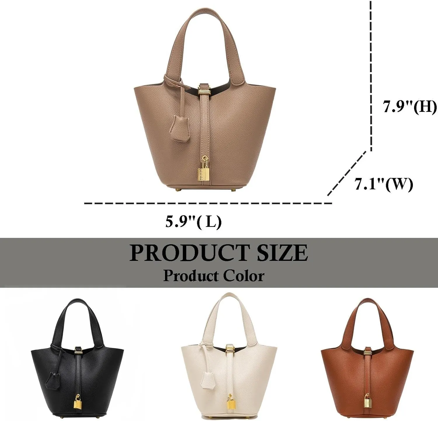 Handbag for Women Leather Vegetable Basket with Lock Bucket Bag Solid Color Tote Bag Fashion Genuine Leather Well made