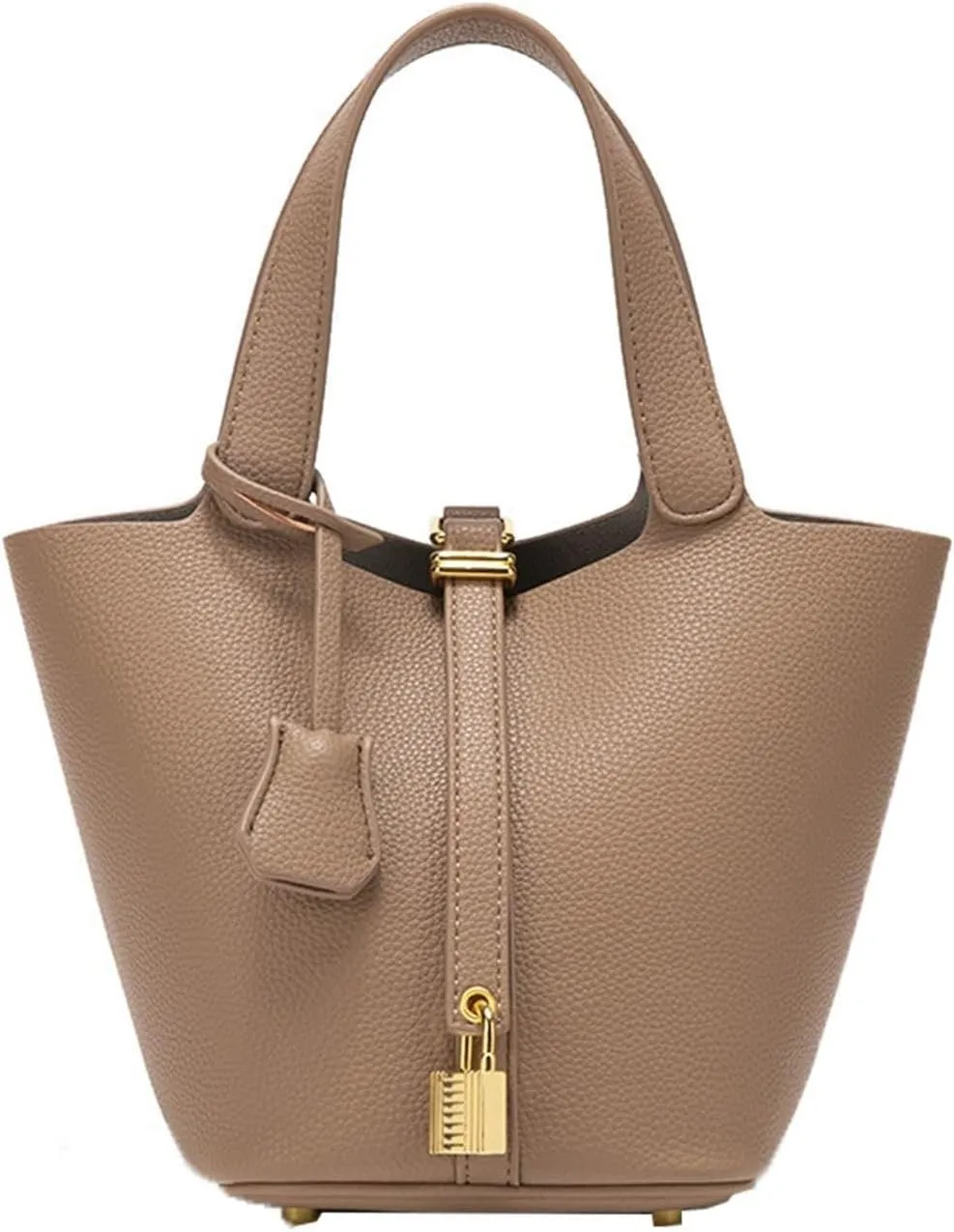 Handbag for Women Leather Vegetable Basket with Lock Bucket Bag Solid Color Tote Bag Fashion Genuine Leather Well made