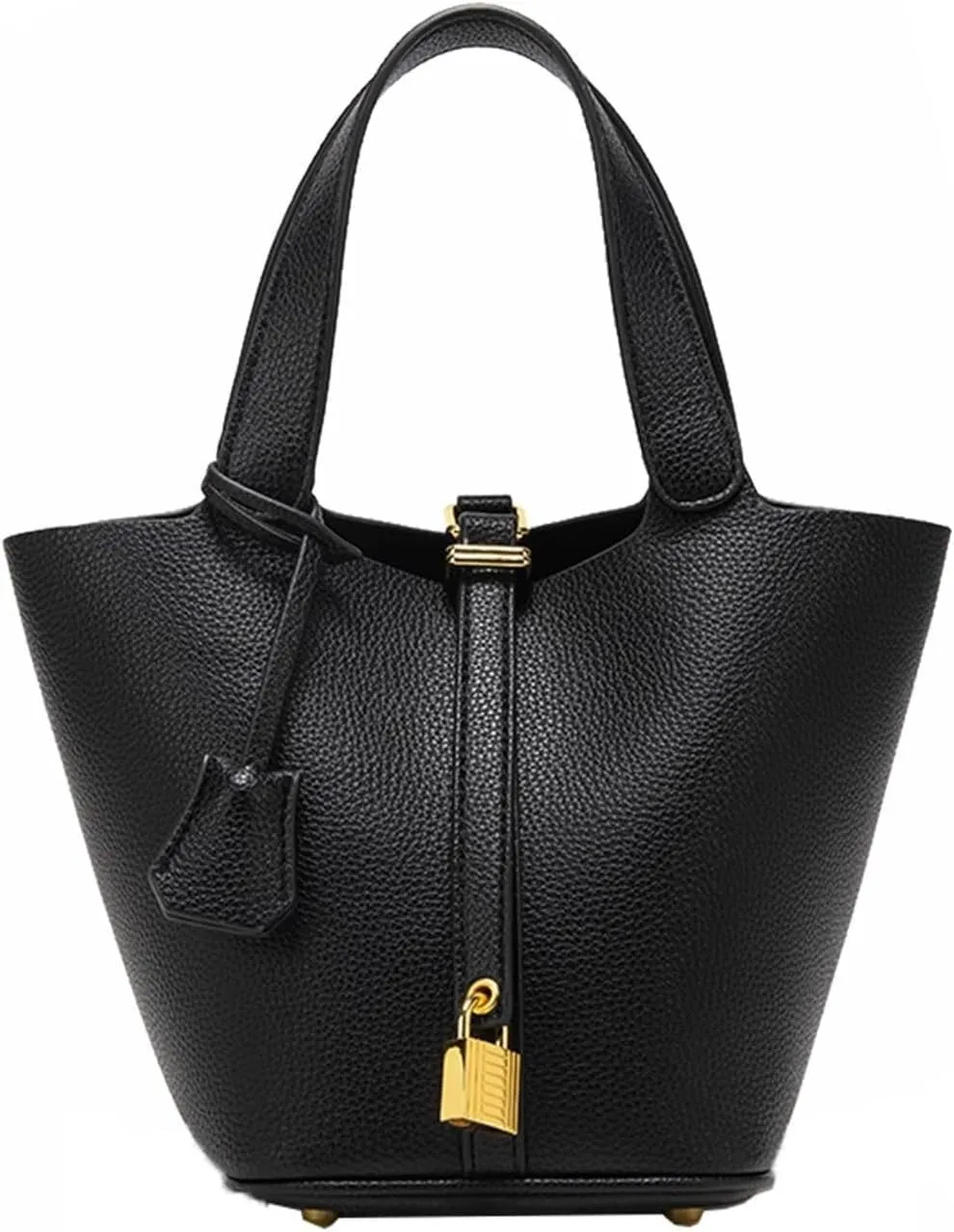 Handbag for Women Leather Vegetable Basket with Lock Bucket Bag Solid Color Tote Bag Fashion Genuine Leather Well made