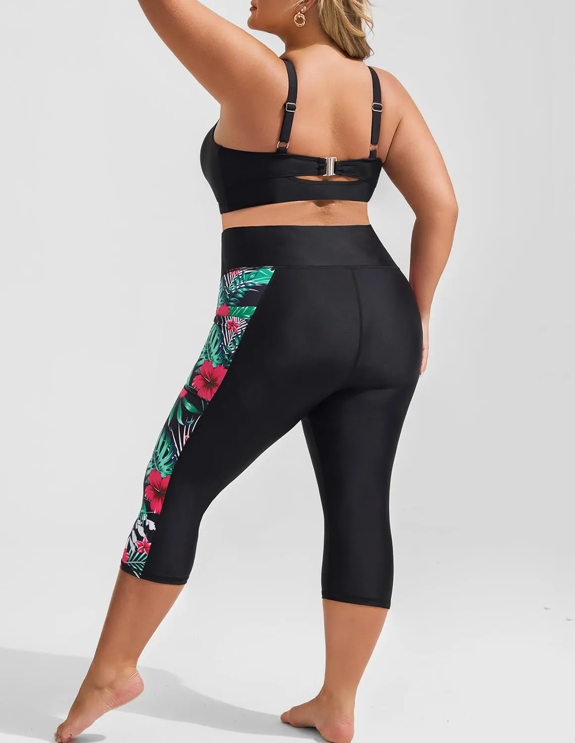 Hanna Nikole Womens Plus Size Capri Swim Pants High Waisted Swim Shorts Swimming Leggings with Pockets
