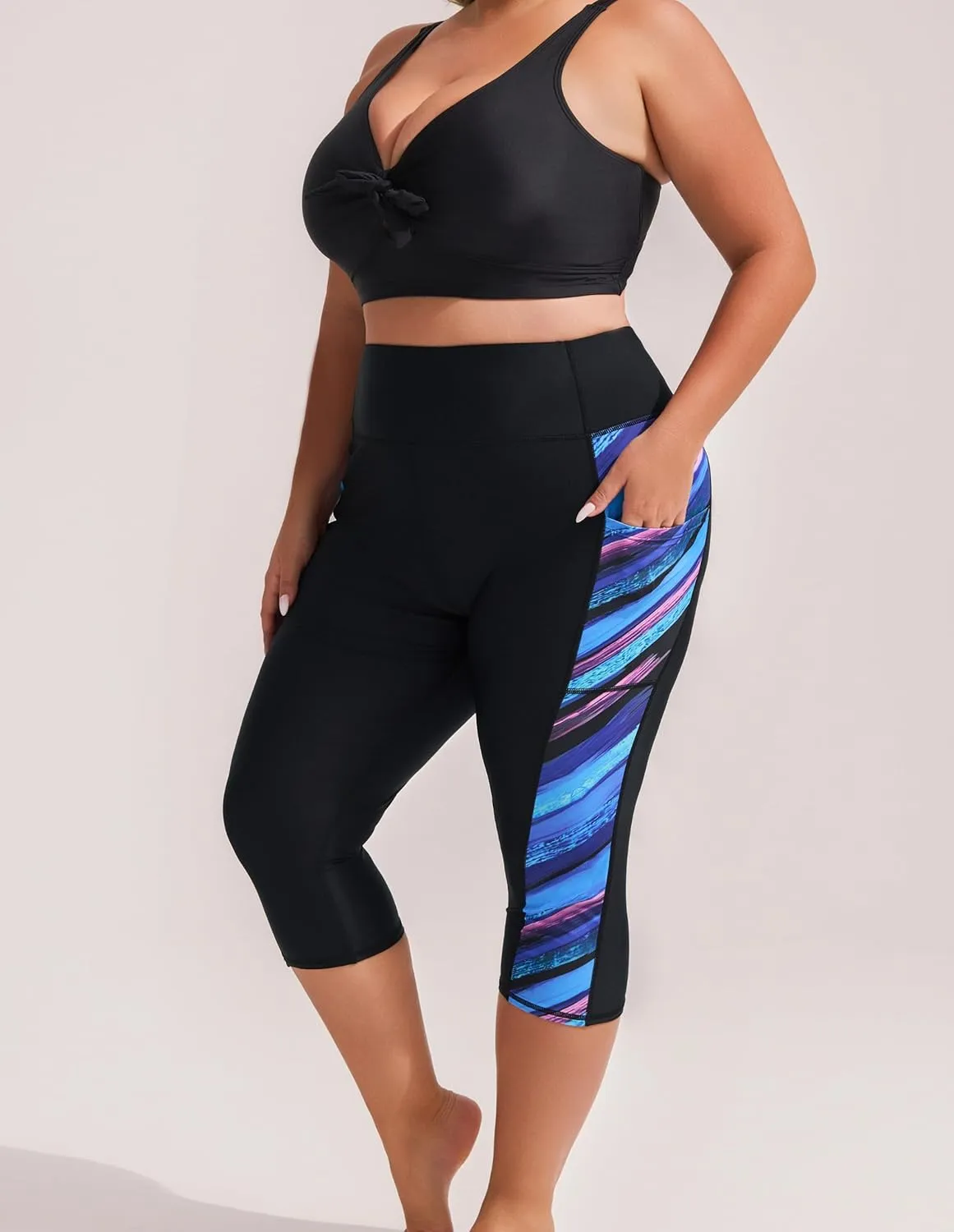 Hanna Nikole Womens Plus Size Capri Swim Pants High Waisted Swim Shorts Swimming Leggings with Pockets