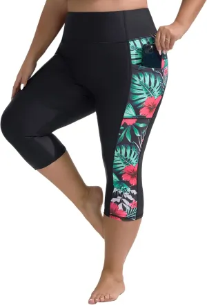 Hanna Nikole Womens Plus Size Capri Swim Pants High Waisted Swim Shorts Swimming Leggings with Pockets