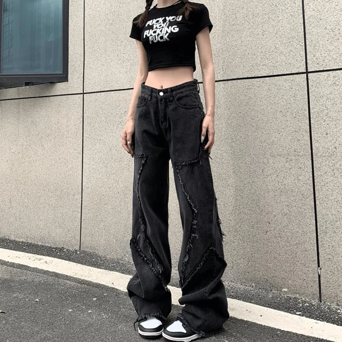 Harajuku Y2K Kawaii Gothic Fashion Casual Loose Straight Wide Leg Vintage Sanded Star Trim Black Jeans Pants