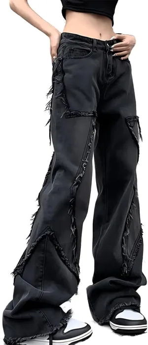 Harajuku Y2K Kawaii Gothic Fashion Casual Loose Straight Wide Leg Vintage Sanded Star Trim Black Jeans Pants
