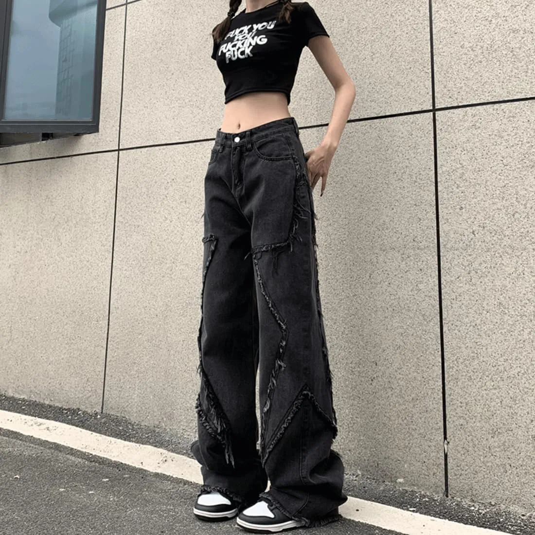 Harajuku Y2K Kawaii Gothic Fashion Casual Loose Straight Wide Leg Vintage Sanded Star Trim Black Jeans Pants